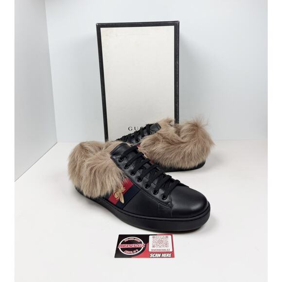 Size 11US - Gucci Ace Web Embroidered Fur/Leather Sneakers🖤 NEW/RETAIL $830!